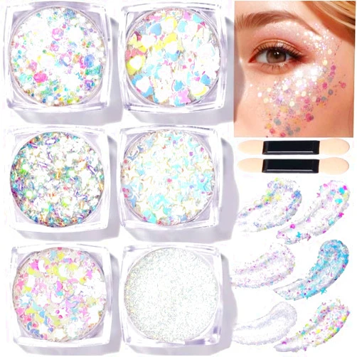 Teenitor Face Glitter Body Glitter, Clear White Body Glitter Gel, Hair Glitter Gel, 6 Shapes Rave Glitter, Mermaid Sequins Makeup Glitters Face Paint, Chunky Sparkling Glitter Gel for Women
