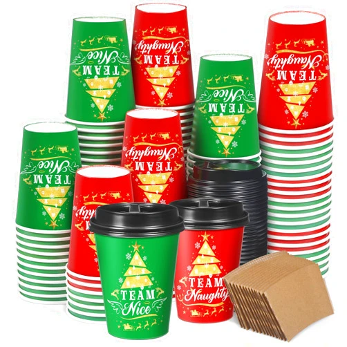 Layhit 100 Set Christmas Paper Coffee Cups with Sleeves Lids 12 Oz Xmas Disposable Party Cup Red Green Christmas Tree Hot Cocoa Cups for Christmas Winter Holiday Drinkware Supplies(Naughty)