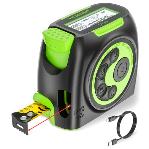 Huepar 2-in-1 Laser Tape Measure, 197Ft Rechargeable Laser Measurement Tool & 16Ft. Measure Tape with Backlit LCD & Movable Hook -Pythagorean, Area, Volume, M/in/Ft Unit Switch Digital Distance Meter