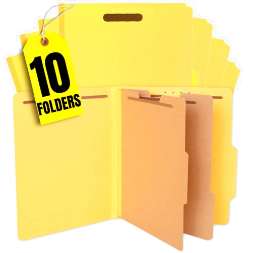 1InTheOffice Classification Folders, 2 Dividers, Pressboard, Letter Size, 6 Fasteners, Yellow, 10 Pack