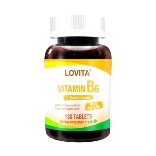 Lovita Vitamin B6 (Pyridoxine Hydrochloride) 80mg, Timed Release, 8 Hours Sustained, Support Cardiovascular & Nerve Health, 130 Vegan Tablet