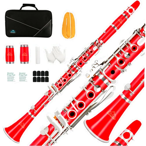 EASTROCK Clarinet Bb Flat 17 Nickel Keys Red Student Clarinet for Beginner with 2 Barrels Hard Case and Clarinet Cleaning Kit.