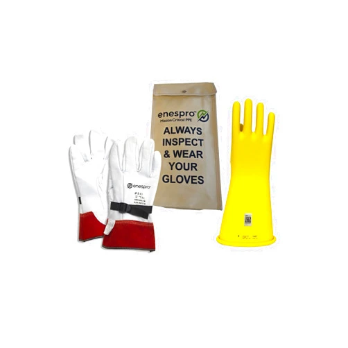 Enespro Class 2 Yellow Rubber Voltage Insulating Glove Kit with Leather Protectors, Max. Use Voltage 17,000V AC/ 25,500V DC (KITGC2Y10)