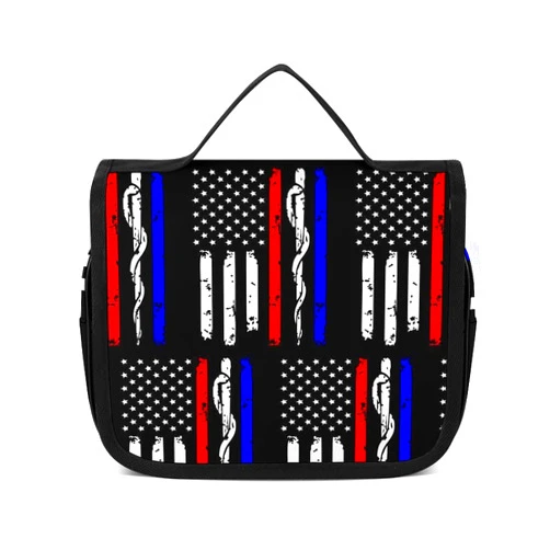 Meaudiwes Travel Bag With Hanging Hook, Makeup Cosmetic Bag, Travel Organizer Toiletry Bag, Portable Travel Wash Bag Compatible with American Thin Red Blue Line Police Firefighter EMT Flag