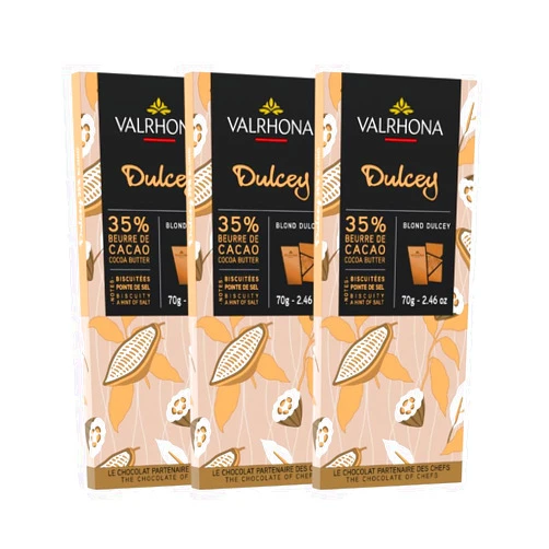 Valrhona Premium French Blonde Chocolate DULCEY 35% Cacao Tasting Bars - Creamy, Caramel Cookie Flavor Notes. Easy Melt and Tempering. Creamy and Balanced. Makes Luscious Frostings 70g (Pack of 3)