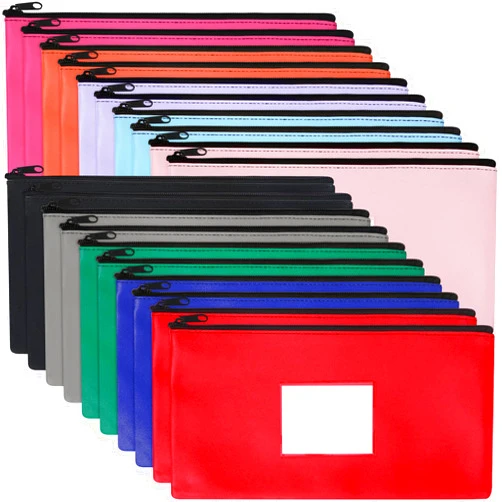 Potchen 20 Pcs Money Bank Bag with Zipper 11 x 6 Inch Money Pouch Bulk Security Bank Deposit Bag with Clear Window Leatherette Cash Coin Wallet for Women Men(Multicolored)