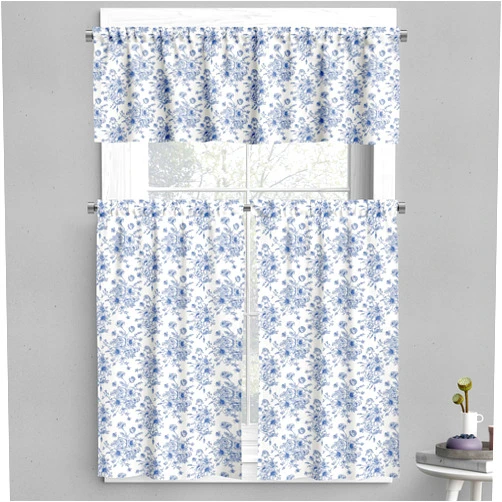 Ambesonne Anemone Flower Valance & Tier Curtain 3 pcs Set, Floral Pattern with Bouquet of Blue Flowers Delicate Victorian Design, Window Treatments for Kitchen Room Decor, 55