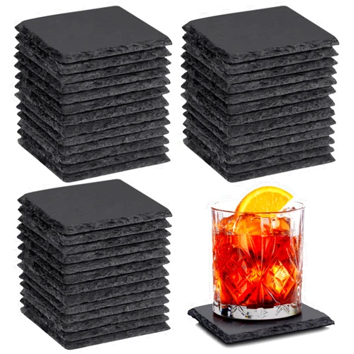 Aukful 40 PCS Slate Coasters Bulk 4 Inch Square Black Stone Coaster Handmade Drink Bar Slate Coasters Anti-Scratch Bottom,Suitable for Office Coffee Table Kitchen Home Engrave Decoration