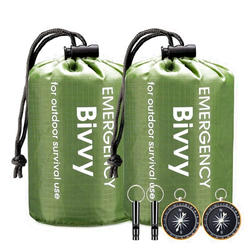 Esky Emergency Sleeping Bag, 2 Pack Portable Thermal Bivy Sack, Waterproof Lightweight Emergency Blanket Survival Gear with Compass and Whistle for Camping Hiking Outdoor Adventure