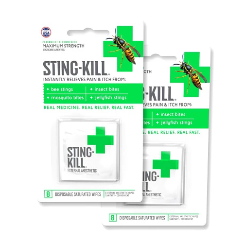 Sting-Kill First Aid Anesthetic Wipes, Instant Pain + Itch Relief from Bee Stings and Bug Bites, 8-Count (Pack of 2)