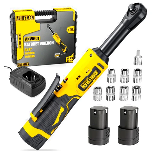 Alloyman 16.8V 2.0Ah Li-Ion Cordless Ratchet Wrench Kit, Yellow, 400 RPM, 7 Sockets, 1/4 Inch Adapter, 1 Hour Fast Charge