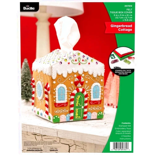 Bucilla, Gingerbread Cottage, Perfect for DIY Arts and Crafts Projects Felt Applique Tissue Box Cover, 89781E