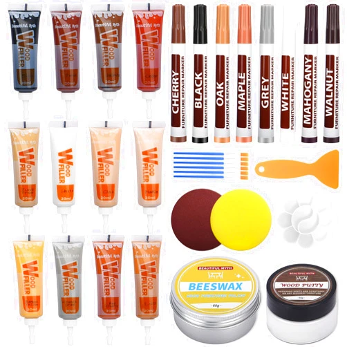 Beautiful Myth Wood Furniture Repair Kit- Set of 33 - Wood Filler, Touch Up Markers with Wood Putty, Beeswax for Wood Scratch Remover Cracks, Stains, Hole, Cabinet, Table, Laminate, Hardwood Floor Scratch Repair