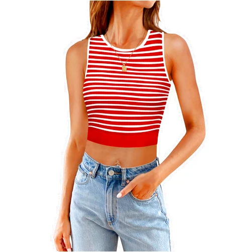 MEROKEETY Women's Ribbed Knit Crop Tank Tops Summer Y2K Striped Sleeveless Shirts