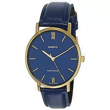 Casio MTP-VT01GL-2B Men's Minimalistic Gold Tone Blue Leather Band Blue Dial 3-Hand Analog Watch