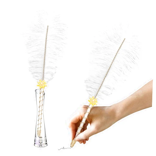 CROWN GUIDE Crystal Ostrich Feather Pen Quills for Wedding Guest Book Signing Nikkah 1920s Great Gatsby Reception Accessories Bridal Shower Party Supplies Décor Centerpieces Table Decorations White