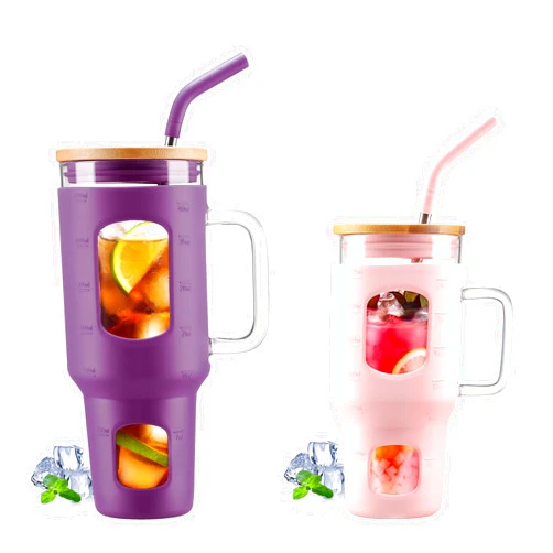 WINSA 40 oz Glass Tumbler with Straw and Lid & 24 oz Glass Tumbler with Lid and Straw Bundle