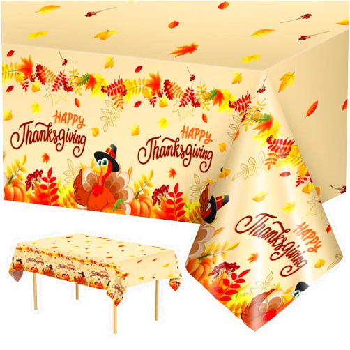 Litmitfu 2 Pack Happy Thanksgiving Tablecloth - Fall Thanksgiving Turkey Table cloths, Disposable Plastic Rectangle Autumn Pumpkin Maple Leaf Table Cover for Thanksgiving Table Decor Party Supplies, 108x54Inch