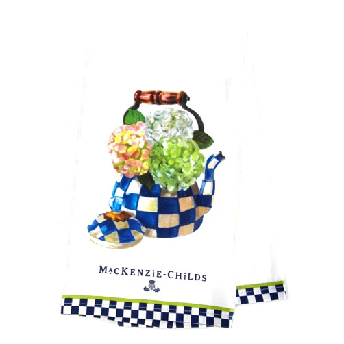 MACKENZIE-CHILDS Cotton Dish Towel, Cute Decorative Kitchen Dish Towel for Cleaning and Home Decor, Set of 1, Hydrangea Tea Kettle