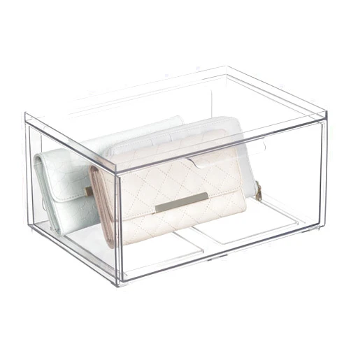 mDesign Plastic Wide Stackable Closet Storage Organizer Bin Containers with Front Pull Drawer for Cabinet, Desk, Shelf, Cupboard, or Dresser Organization - Lumiere Collection - Clear