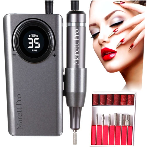 Marett Pro Nail Drill Professional Rechargeable, 35000RPM, Portable E-File Long Life Battery, Electric Tool for Acrylic NailNatural Extension Poly Nail Gel, High Speed, Manicure/Pedicure. (Gray)