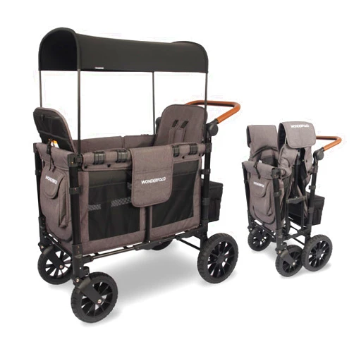 WONDERFOLD W2 Luxe Double Stroller Wagon (2 Seater) - Collapsible Wagon Stroller with Seats with Magnetic Buckle 5-Point Harnesses and Adjustable Sun Canopy, Charcoal Gray