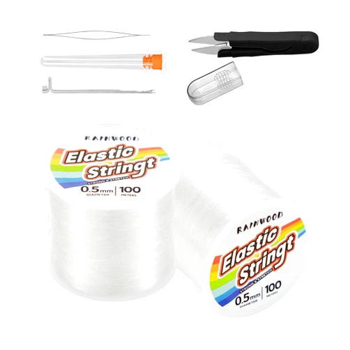 RAINWOOD Elastic Bracelet String Cord Kit: 2 Rolls of 200m (0.5mm) Clear Beaded Stretch Cord with Tools - Perfect for Bracelet Making and DIY Jewelry Projects!