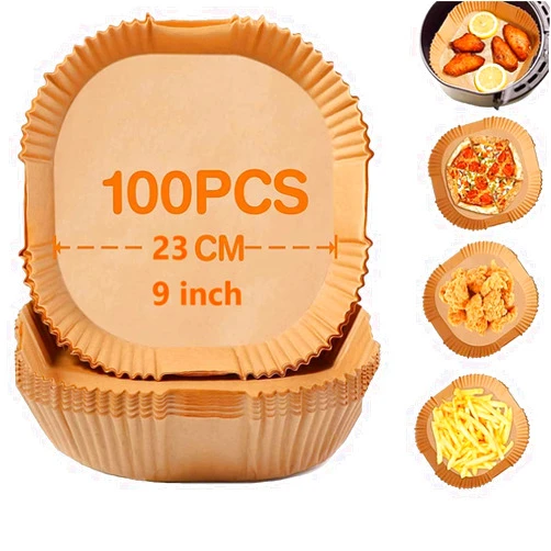 AALlyn 1 Pack Air fryer paper isolation grease 100 Pcs 6 Inch Cooker Air Fryer Disposable Paper Liners Parchment Sheets Grease and Water Proof Non Stick Liners for Baking Cooking (23cm-9.0inch)