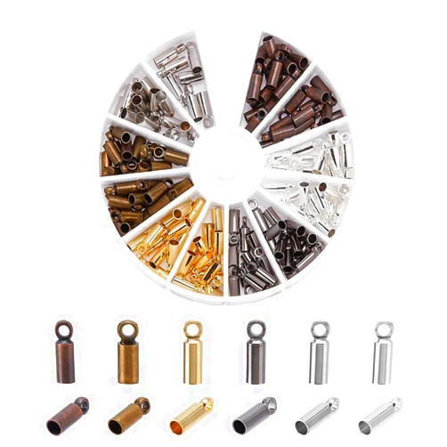 PH PandaHall 210pcs Cord End Caps 6 Colors Brass Glue-in Leather Cord Terminators Small Barrel End Tip with Loop Ring for 2mm Beading Wire Tassel Earring Choker Bag Pendant Jewelry Making