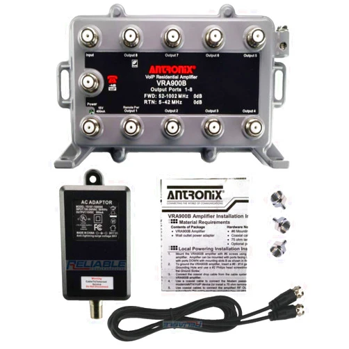 Reliable Cable Products 9 Port Bi-Directional Cable TV Splitter Signal Booster/Amplifier Kit with Active Return Zero Signal Loss includes F59 Terminators and Superflex 3' Dedicated Power Cable