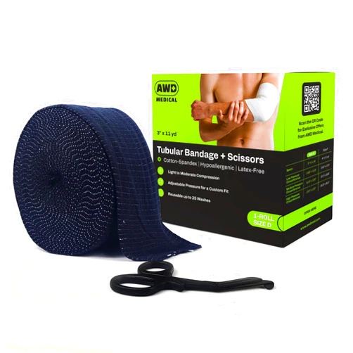 AWD Medical Elasticated Tubular Support Bandage - Reusable Compression Wrap for Joint Pain Relief - Stockinette Tubing for Large Arm/Medium Ankle/Small Knee - Black (Size D - 3 inches x 11 Yards) + Scissors
