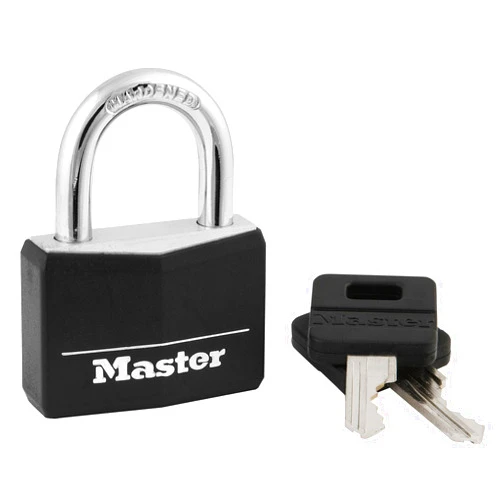 Master Lock Black Covered Aluminum Padlock, Gym Locker Lock with Key for Indoor or Outdoor Use with Vinyl Weather Resistant Cover, 141D