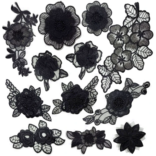 BETITETO 12 Pieces Flower Lace Embroidered Applique 3D Floral Sew On Patches for Clothes Repairing Decorating Wedding Dress DIY Sewing Craft (Black)