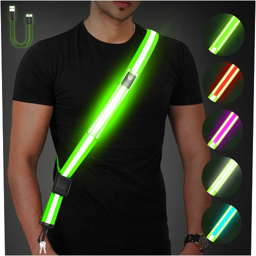 Fitense LED Reflective Belt Sash - 5 Lights Colors & 3 Light Modes High Visibility Night Safety Belt, Rechargeable Light Up Running Gear Adjustable Vest Straps for Runners Walkers Men Women