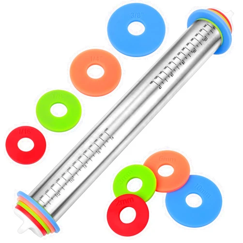 BIDFUL Adjustable Rolling Pin with Thickness Rings for Baking, Stainless Steel Designs Dough Roller Pins for Cookie Decorating Baking Supplies Fondant Cake Baker