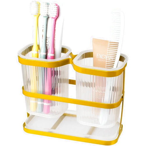 VACONICO Gold Toothbrush Holders for Bathrooms, 2 Cups Toothbrush Holders Wall Mounted, Dry & Wet Separation, Bathroom Organizer and Storage - Bathroom Toothbrush Holder Set for Family Kids