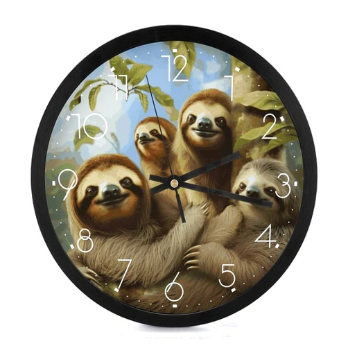 QMKASD Fashion Round Wall Clock，10 Inch Silent Non Ticking Sloth Family Modern Wall Clocks for Living Room Bedroom Kitchen Home Office Decor