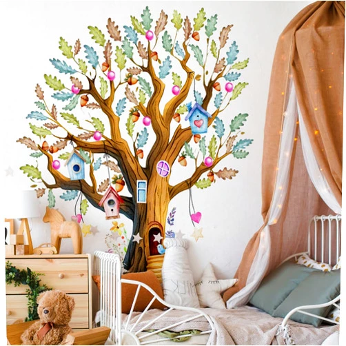 Ladinimo Watercolor Large Tree Wall Decals，Tree with Flower Birds Peel and Stick Wall Art Decals，Green Plants Jungle Wall Stickers，Baby Bedroom Toddler Room Wall Decor.