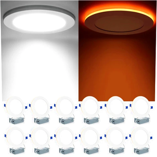 Meconard 12 Pack 6 Inch 5CCT LED Canless Recessed Lighting with Night Light, 2700K/3000K/3500K/4000K/5000K Selectable Ultra-Thin LED Ceiling Lights, 12W=110W, 1050LM, Dimmable Wafer Downlight ETL&FCC