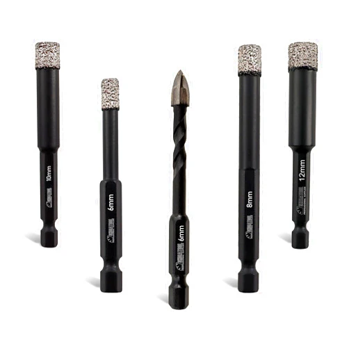 SHDIATOOL Dry Diamond Drill Bits Set 4pcs 1/4-Inch,5/16-Inch,3/8-Inch Tile Drill Core Bits and 1pc 1/4-Inch Carbide Drill Bit Diamond Tip Drill Bit for Ceramic,Tile,Marble,Porcelain 6/8/10/12mm