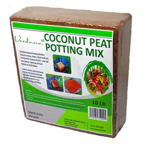 Verdana Coco Coir Brick Potting Mix - 10 Lb Compressed Block – Coconut Fiber, Coco Peat, Coir Pith - Alternative to Peat Moss – Soilless Growing Medium - Low EC, Optimum pH, High Expansion