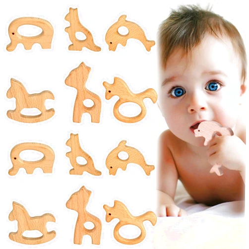 JUAWTYUK 12-Pack Natural Wooden Teether Toys for Baby | Sensory Wooden Chew Teething Toys for Babies - Deer, Elephant, Seahorse, Dolphin, Kangaroo, Rocking Horse - Relief for Teething Toddlers