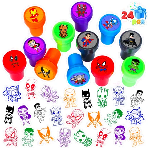 Cosershow 24 Pcs Superhero Themed Stampers, Superhero Birthday Party Supplies Favors, Classroom Rewards Prizes, Goody Bag Treat Bag Stuff for Superhero Birthday Party Gifts
