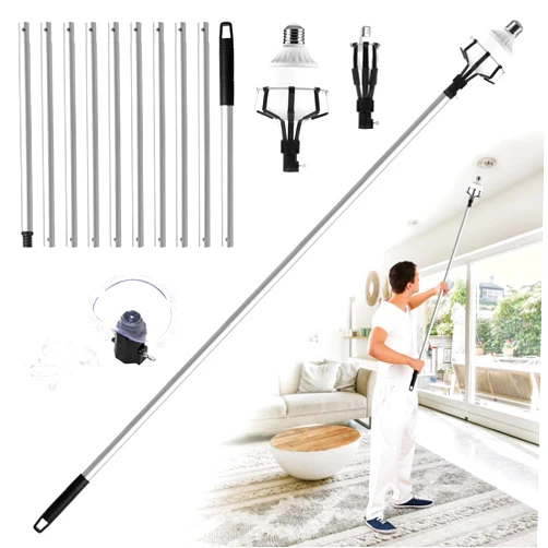 Cakitte Light Bulbs Changer for high Ceilings, Light Bulbs Changer with Baskets and Suction Cup, 12FT Assembled Light Bulbs Extension Pole Changer,high Reach Light Bulb Changer for Household