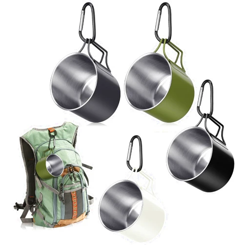 Zhehao 4 Pcs Camping Mugs with Folding Handles D Ring Stainless Steel Camping Cups Portable 12 oz Backpacking Mugs Camping Coffee Cups Travel Cups for Outdoor Camping Hiking Climbing Picnic