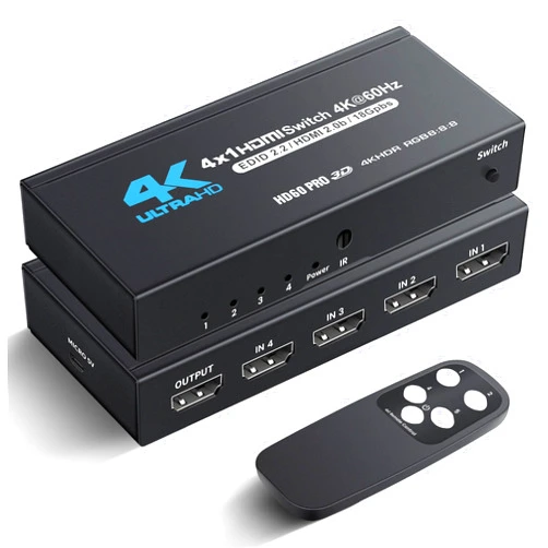 NEWCARE HDMI Switch 4 in 1 Out 4K@60Hz, 4x1 HDMI Splitter Switcher with IR Remote, 4 Port HDMI Selector Box Support HDMI2.0, Dolby Vision/Atmos, HDR10 for Switch, Xbox, PS5/4, Roku, Fire Stick