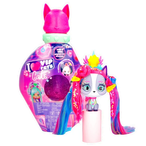 IMC Toys VIP Pets Cats - Mistery - Includes 1 VIP Pets Neon Cat Doll, 10 Surprises, 8 Accessories for Hair Styling | Girls & Kids Age 3+