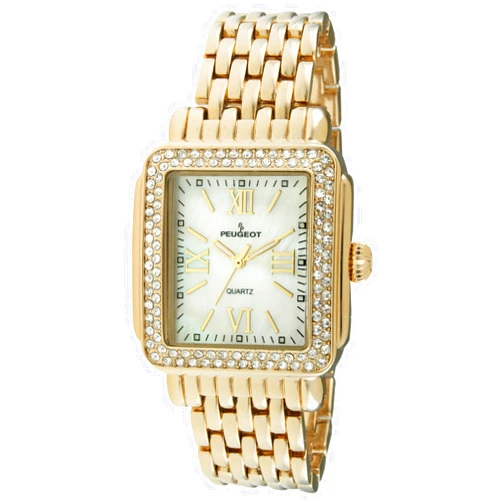 Peugeot Women Rectangle Dress Watch with Crystal Decorated Bezel, Roman Numerals and Bracelet