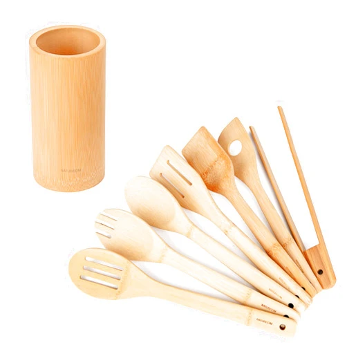 Naturoom Kitchen Utensils Set of 8 PCS, 12Inches Bamboo Wooden Cooking Spoon & Spatula Tools Perfect for Non-Stick Cookware (Bamboo 12inches)