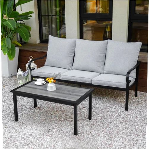 MEOOEM Patio Furniture Outdoor Conversation 3-Seater Sofa with Table, Metal Frame with Gray Cushions for Porch Balcony Deck